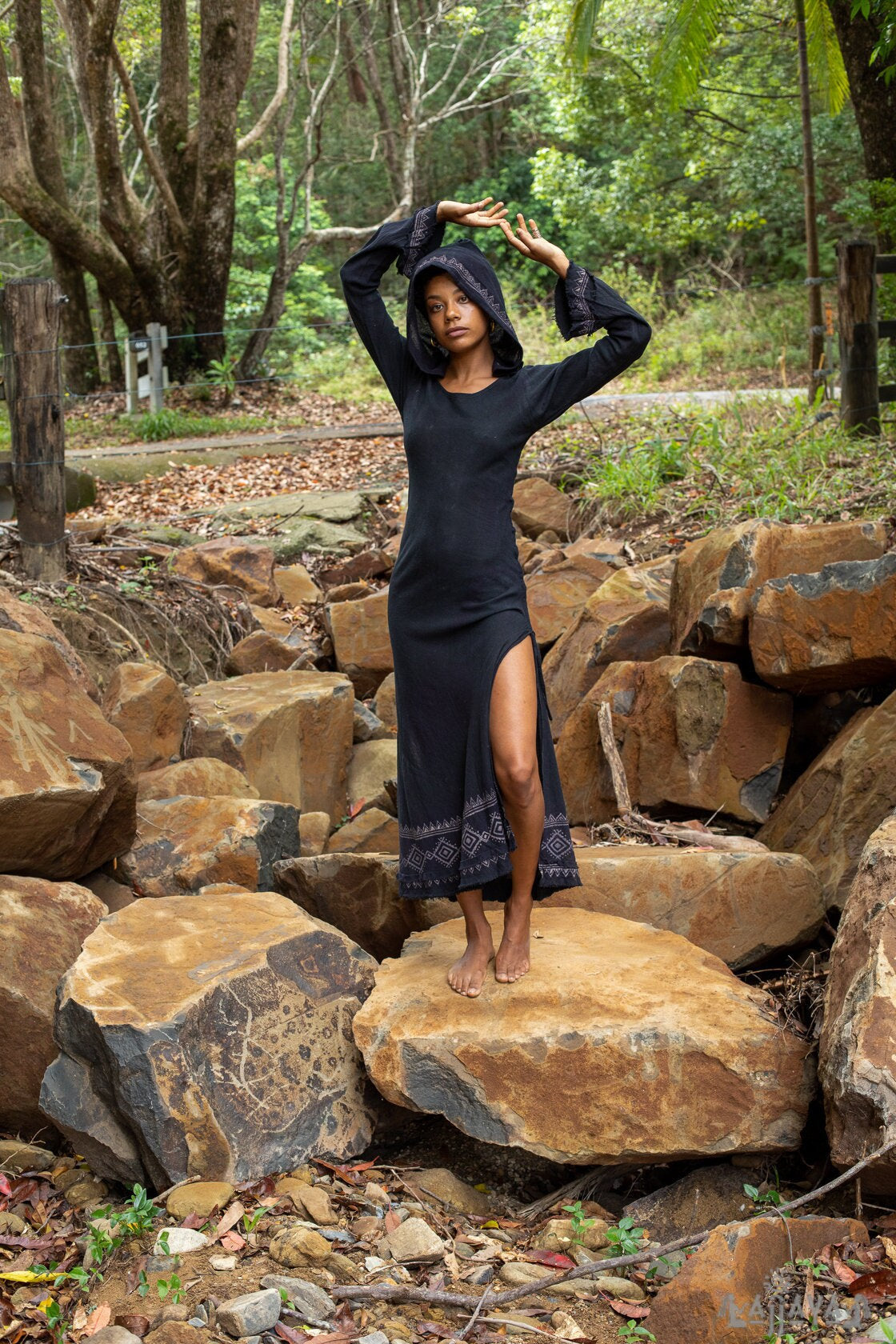 MISTIK Dress Maxi Night Black Long Sleeve Hooded | AJJAYA MISTIK Dress Maxi Night Black Long Sleeve Hooded | AJJAYA