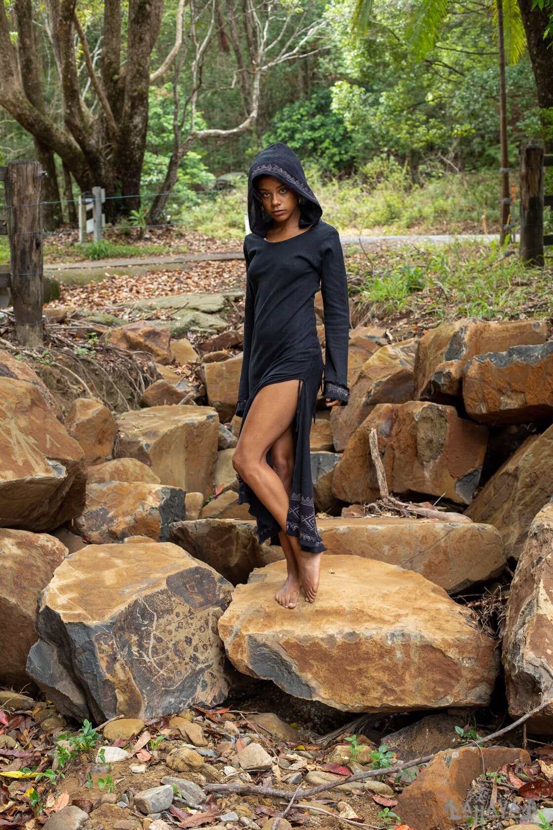 MISTIK Dress Maxi Night Black Long Sleeve Hooded | AJJAYA MISTIK Dress Maxi Night Black Long Sleeve Hooded | AJJAYA