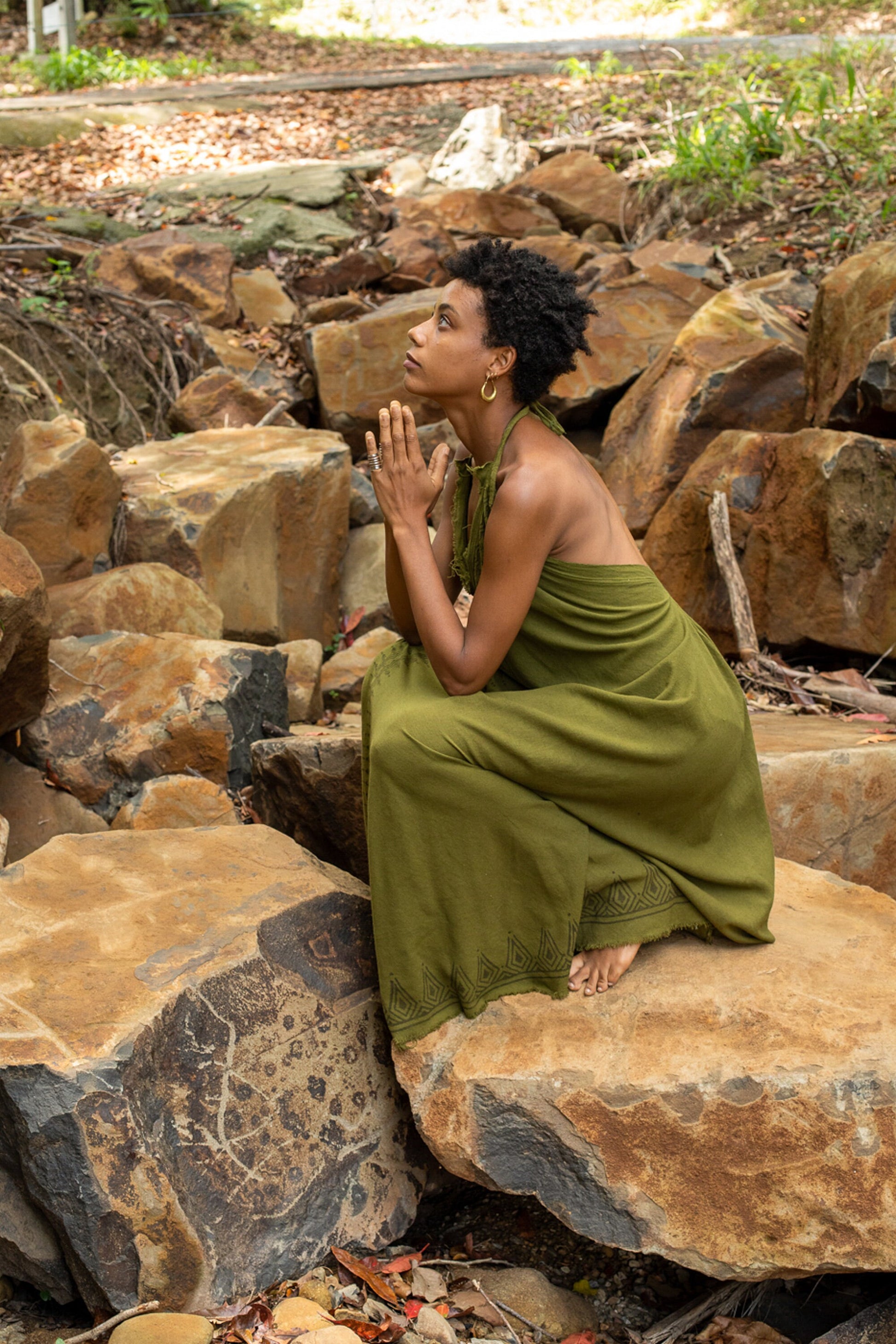 SELENA Long Dress Goddess Olive Green Maxi Open Back Cotton Festival Boho  Naturally Dyed Block Printed Tribal Hippie Patterns Earthy AJJAYA