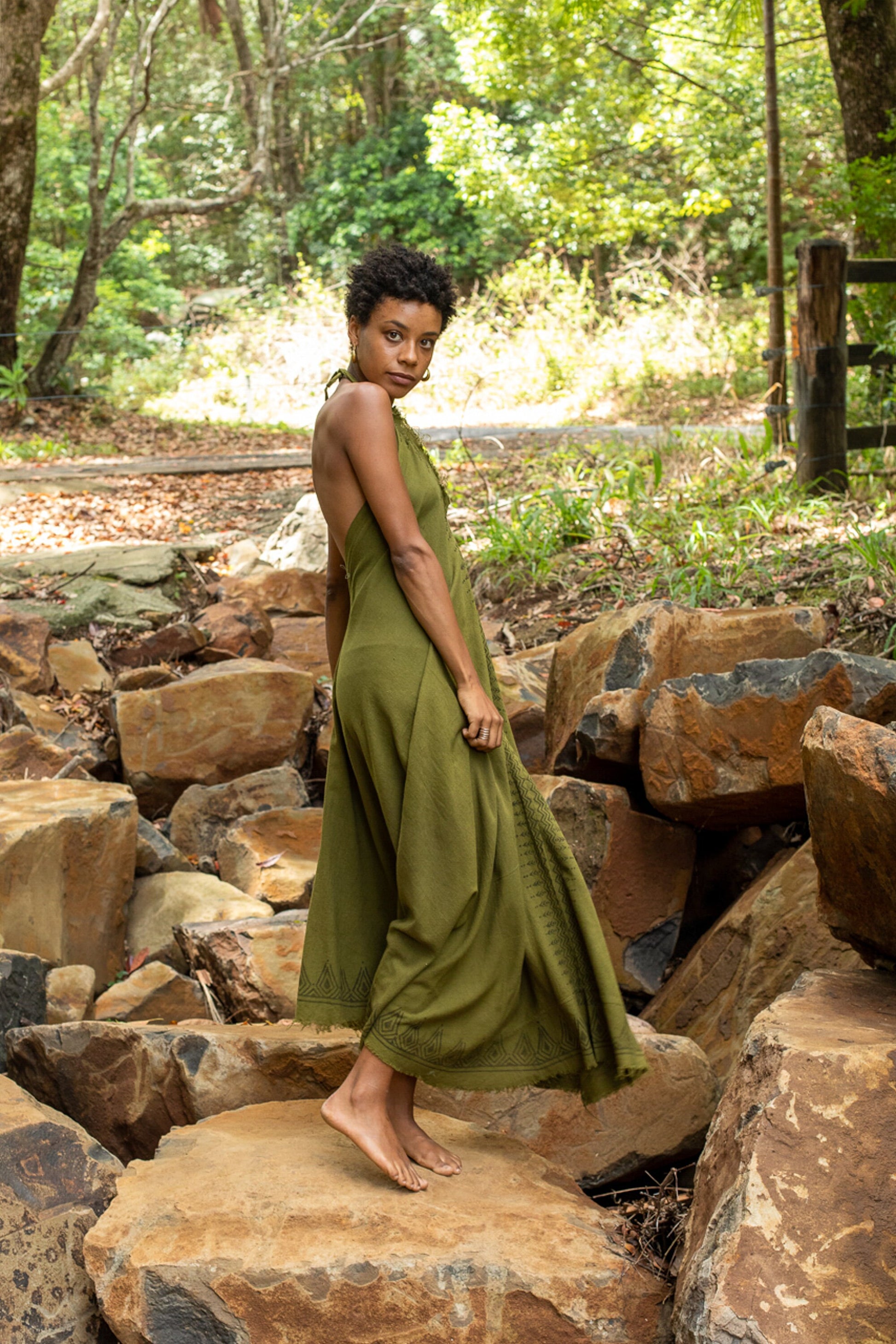 SELENA Long Dress Goddess Olive Green Maxi Open Back Cotton Festival Boho Naturally Dyed Block Printed Tribal Hippie Patterns Earthy AJJAYA SELENA Long Dress Goddess Olive Green Maxi Open Back Cotton Festival Boho Naturally Dyed Block Printed Tribal Hippie Patterns Earthy AJJAYA