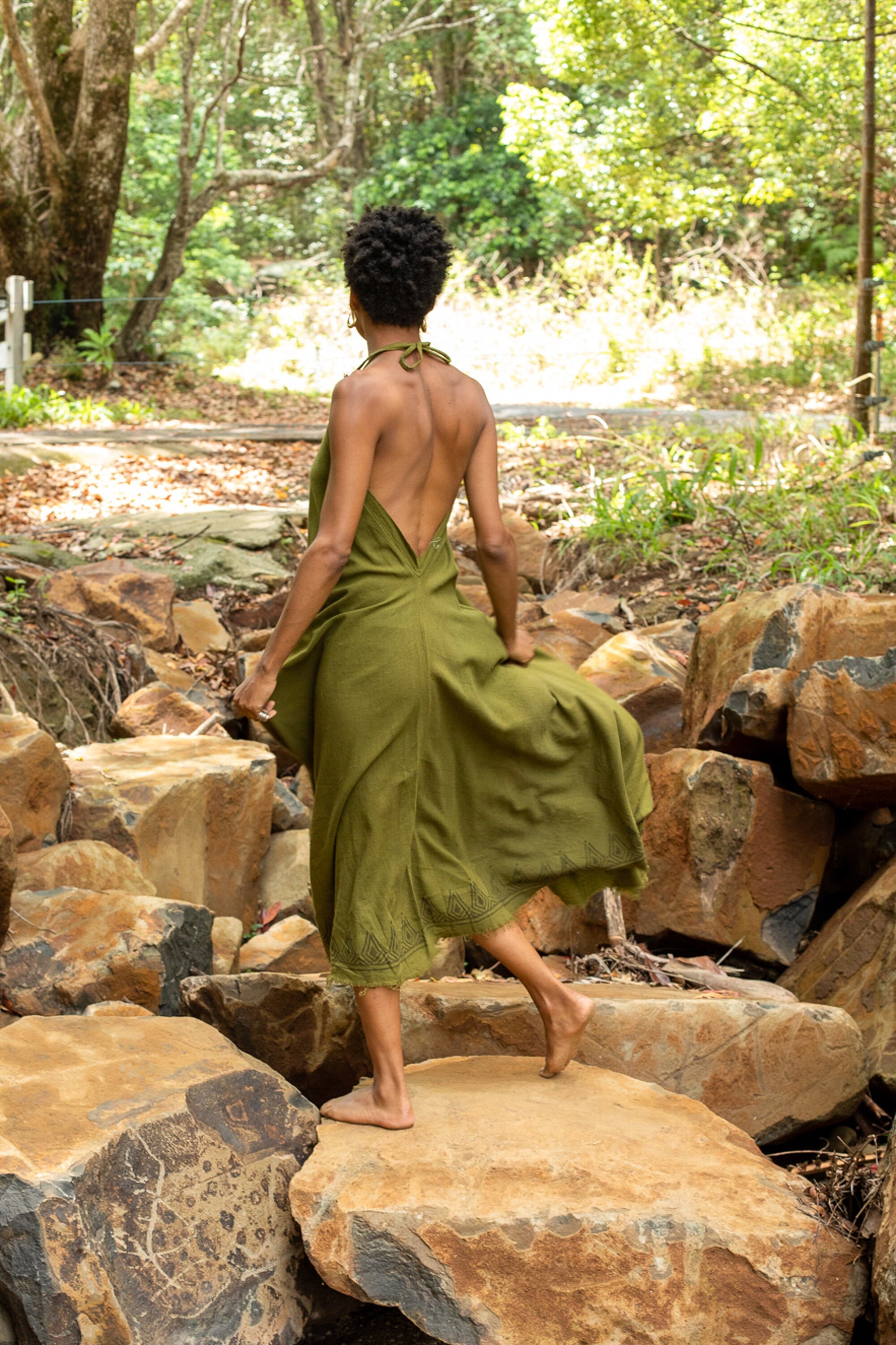 SELENA Long Dress Goddess Olive Green Maxi Open Back Cotton AJJAYA SELENA Long Dress Goddess Olive Green Maxi Open Back Cotton AJJAYA