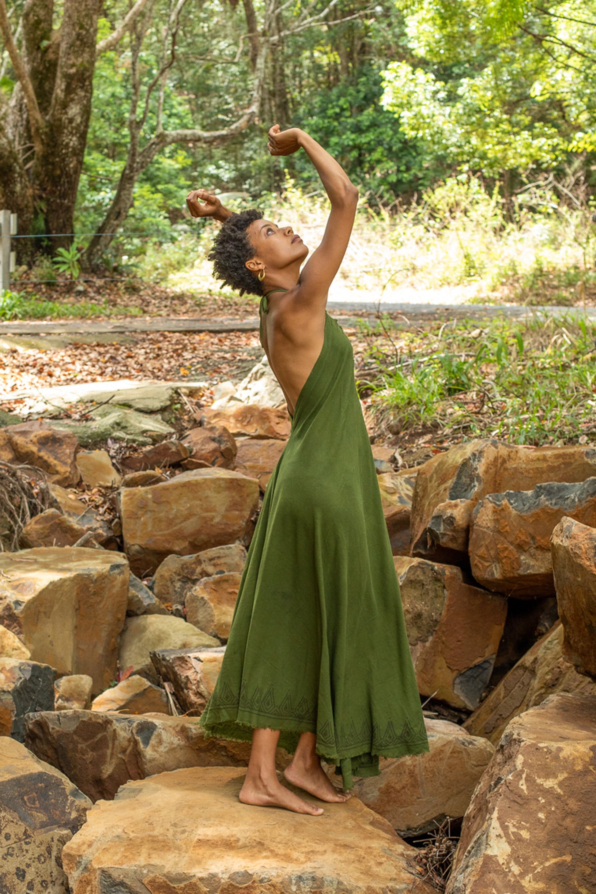 strapless open back dress SELENA Long Dress Goddess Sage Green Maxi Open Back Cotton – AJJAYA