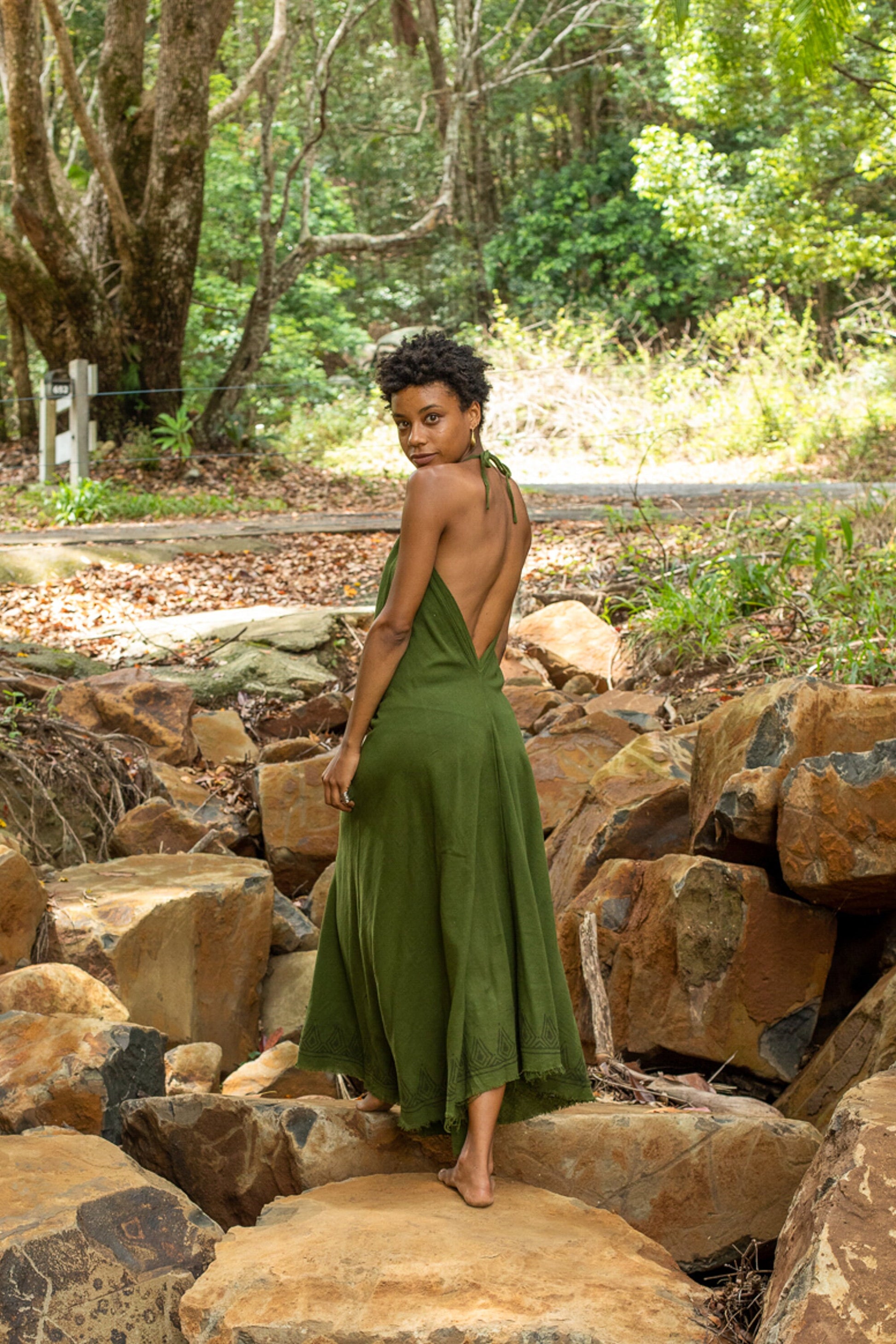 SELENA Long Dress Goddess Sage Green Maxi Open Back Cotton – AJJAYA