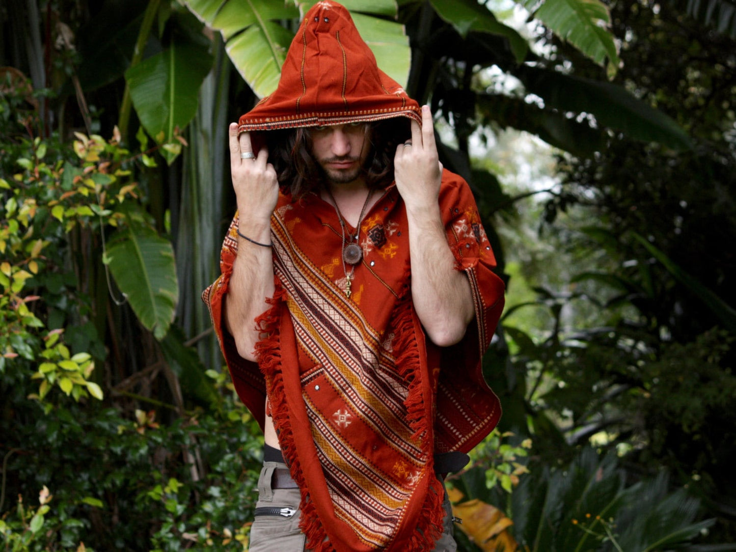 HODDI Handmade Poncho with Hoodie Orange Cashmere and Acrylic Wool Earthy Tribal Pattern Festival Gypsy AJJAYA Mens Shaman Primitive Natural