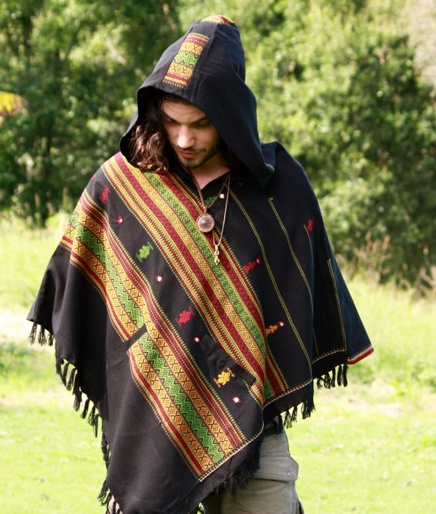 HODDI Black Poncho with Hood Cashmere and Acrylic Wool Earthy Tribal Pattern Festival Gypsy AJJAYA Mens Primitive Nomadic Mexican pockets