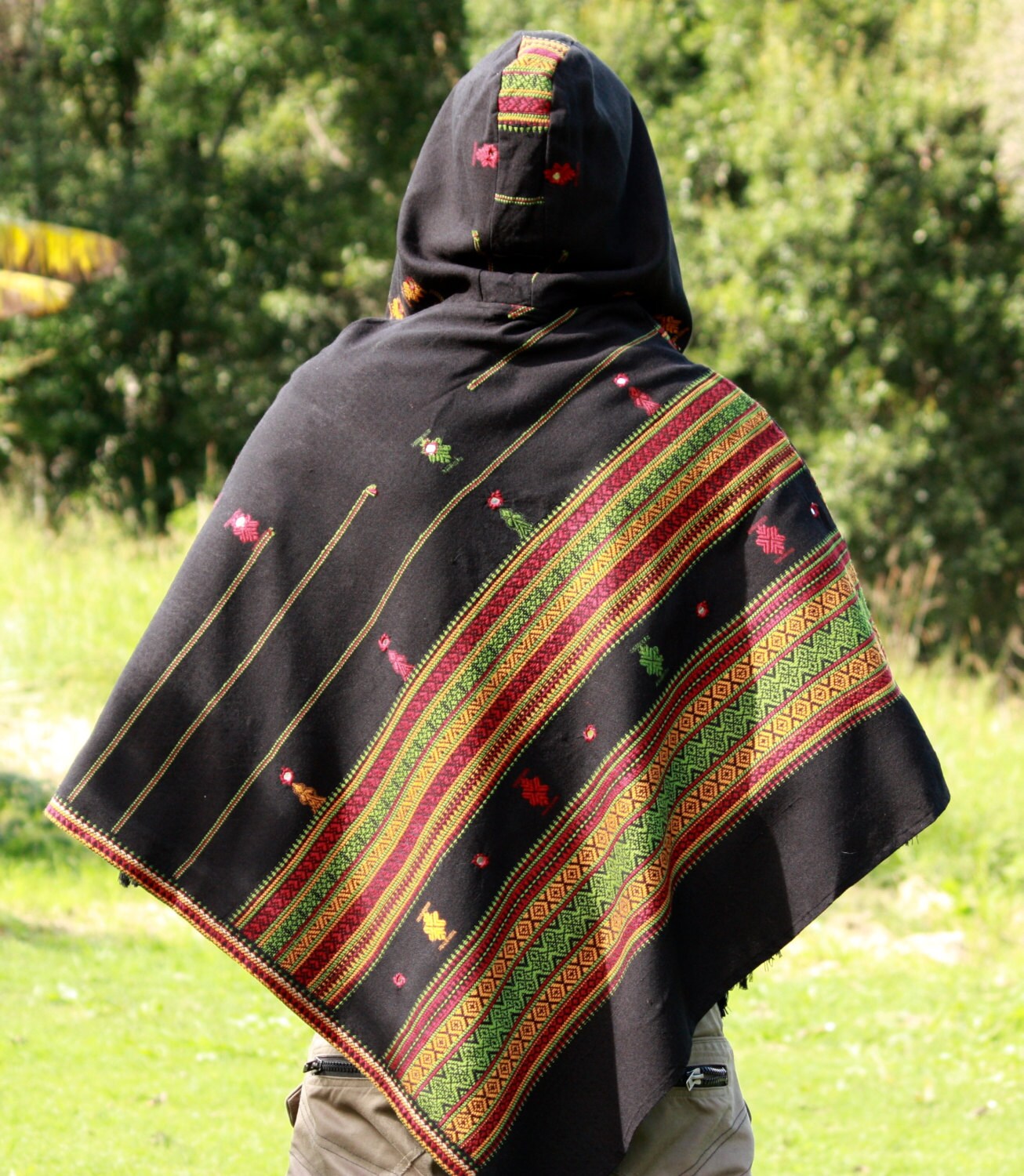 HODDI Black Poncho with Hood Cashmere and Acrylic Wool Earthy Tribal Pattern Festival Gypsy AJJAYA Mens Primitive Nomadic Mexican pockets