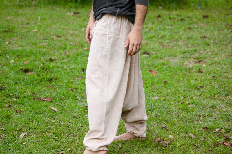 Handmade Aladdin Mens Ashtanga Harem Alibaba Yoga Afghani Pants, Hemp Beige Colour with pocket trousers comfortable tai chi kong fu